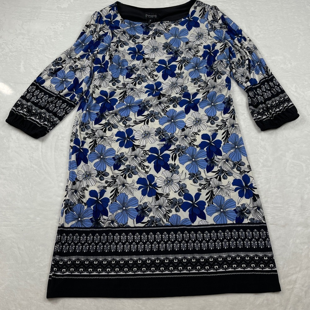Enfocus Studio Blue Floral Border Print Shift Dress 3/4 Sleeve Size 12 Day Dress